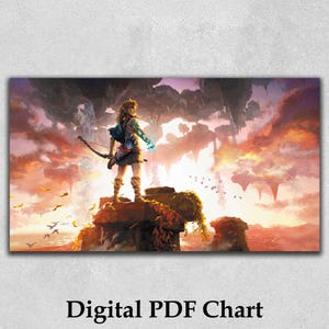 Pode incluir: Um gráfico PDF digital com uma paisagem de fantasia com uma figura segurando um arco e flecha. A figura está em cima de uma estrutura de pedra, com um pôr do sol vibrante e ilhas flutuantes ao fundo. O texto "Digital PDF Chart" está na parte inferior.