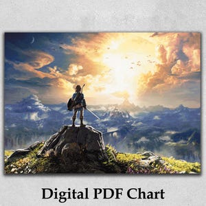 Op de afbeelding: Een digitale print met een personage dat op een rotsachtige piek staat, uitkijkend over een uitgestrekt landschap met bergen en een kasteel. De lucht is gevuld met wolken en een heldere zon. De tekst "Digital PDF Chart" staat onderaan.