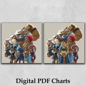 Pode incluir: Duas impressões quadradas em tela com personagens de um videogame. As impressões mostram um grupo de personagens, incluindo uma figura grande e musculosa e vários outros em trajes detalhados. O texto "Digital PDF Charts" está na parte inferior.
