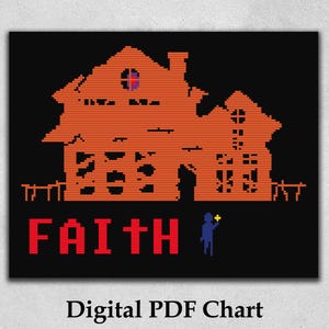 Pode incluir: Gráfico PDF digital com uma casa laranja pixelizada com uma pessoa segurando uma estrela e a palavra "FAITH" em vermelho. O fundo é preto. O texto "Digital PDF Chart" está na parte inferior.
