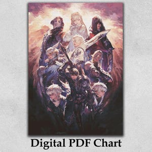 Puede incluir: Un gráfico PDF digital que presenta un grupo de personajes de fantasía en una composición dinámica. La obra de arte muestra figuras en varias poses, con una paleta de colores cálidos y el texto "Digital PDF Chart" en la parte inferior.