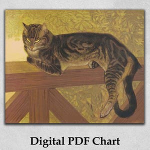 Pode incluir: Um gráfico PDF digital com uma ilustração detalhada de um gato malhado descansando em uma cerca de madeira. O gato tem listras marrons e pretas, com olhos amarelos. O fundo é dourado com um padrão de folhas. O texto "Digital PDF Chart" está na parte inferior.