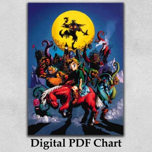 Pode incluir: Um gráfico PDF digital com uma ilustração de fantasia. Apresenta um personagem montado em um cavalo vermelho, contra um céu noturno com uma lua amarela. A imagem inclui criaturas fantásticas e o texto "Digital PDF Chart".