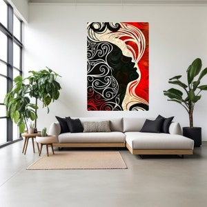 May include: Abstract art print featuring a black silhouette of a woman's face with intricate swirls and lines against a red and white background.
