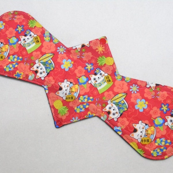 16" Heavy - Asian Kittens on Red - Reusable Cloth Menstrual Pad (16HC)