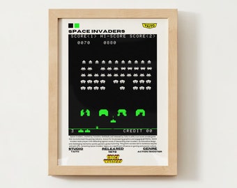 May include: A framed poster with a black background and green pixelated graphics of the classic arcade game Space Invaders. The poster includes the game title, score, and credits. The poster also includes information about the game's studio, release date, and genre.