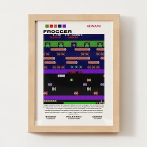 Puede incluir: Impresión enmarcada del clásico juego de arcade Frogger. La obra de arte presenta los gráficos pixelados del juego, incluyendo la rana, los troncos y los coches. La impresión incluye el título del juego, la puntuación y el logotipo de Konami. El marco es de color madera clara.