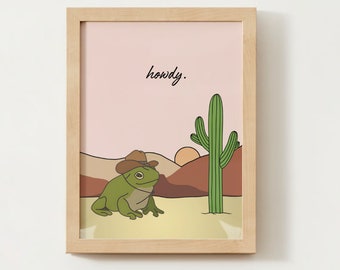 Affiche de grenouille de cow-boy, art mural Occidental vintage, Illustration rétro, décoration esthétique tendance Far West, cadeau de tirages mignons téléchargement impression numérique