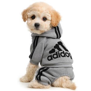 Puede incluir: Un perro pequeño y de color claro que lleva una sudadera con capucha gris y pantalones a juego. El conjunto presenta rayas negras en las mangas y las piernas, y la palabra "adido" en negro en la espalda. El perro está sentado y mirando a la cámara.