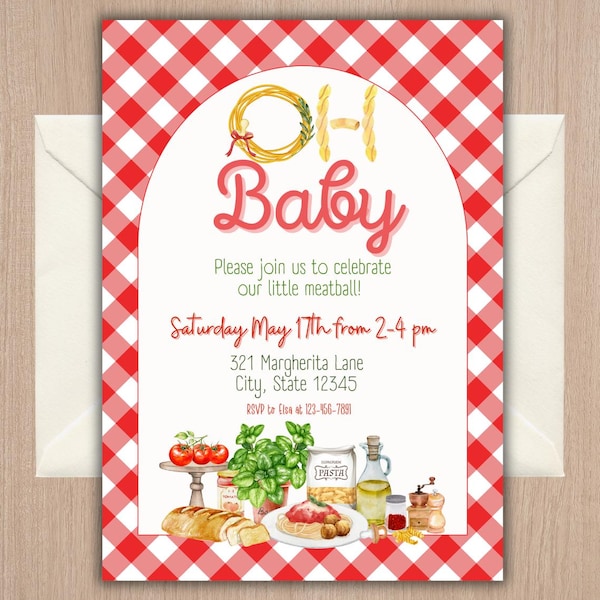 Pasta en fopspenen babyshower uitnodiging bewerkbaar Italiaans thema 5 x 7 canva sjabloon digitale download