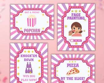 Pink Purple Carnival Booth Signs Girl Circus Party Printable Carnival Birthday Table Signs Editable Canva Template