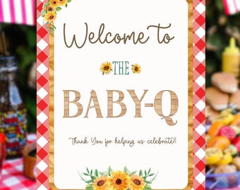 Baby-Q Welcome Sign, BBQ Baby Shower Decor, Editable Canva Printable Poster