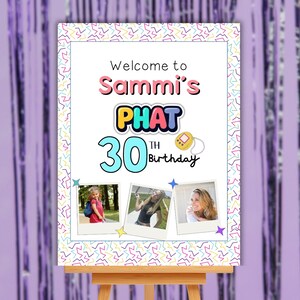May include: A birthday party sign on an easel. The sign reads "Welcome to Sammi's PHAT 30th Birthday" with three photos below. The sign has a white border with colorful star shapes and is set against a purple background.