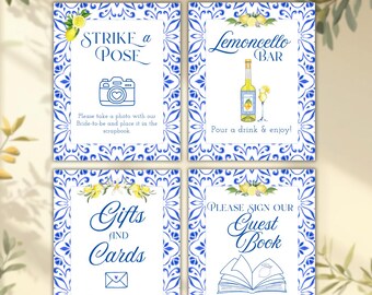 Amalfi Coast Baby Shower Party Signs Printable Lemon Citrus Table Signs Mediterranean Blue Tile Editable Canva Template