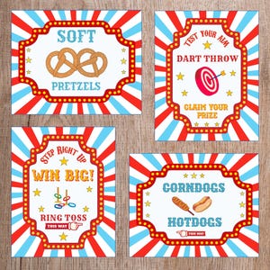 Letreros para fiestas de circo: Decoración editable para puestos de carnaval (Plantilla de Canva, descarga digital)