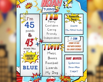 Superhero Birthday Fun Facts Board Comic Book About Me Poster Editable Canva Printable Milestone Board Any Age