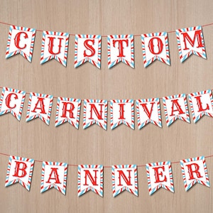 Bearbeitbares Karnevals Zirkus Banner: Rot & Blau Party Dekoration (DIY Canva Template)
