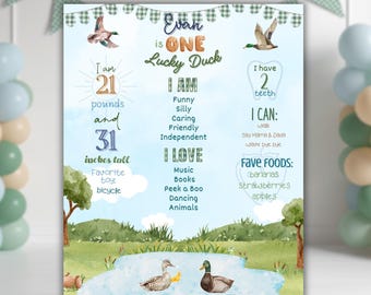 Lucky Duck Watercolor First Birthday Milestone Board Printable Kids Birthday Sign Canva Template Duck Theme Ages 1 to 7