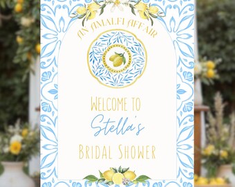 Mediterranean Lemon Welcome Sign Italian Tile Bridal Shower Printable Party Sign Amalfi Coast Editable Canva Template