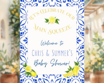 Letrero de bienvenida para baby shower con diseño de limón mediterráneo, Blue Tile Mama’s Main Squeeze (Descarga digital)