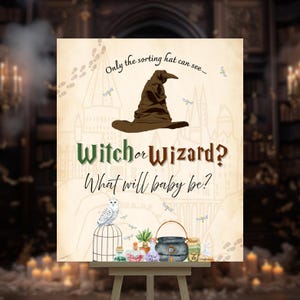 May include: A rectangular sign featuring a brown sorting hat illustration, a white owl on a cage, and a black cauldron with potion bottles. Text reads: Only the sorting hat can see... Witch or Wizard? What will baby be? The background is cream.