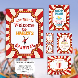 Op de afbeelding: Een uitnodigingsset voor een carnavalsfeest met rood-witte gestreepte randen. Het hoofdbord luidt "Step Right Up Welcome to Hailey's Carnival". Andere borden zijn "Duck Pond", "Popcorn" en bedankkaartjes. De bundel bevat bewerkbare borden.