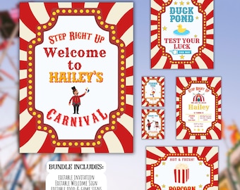 Carnival Party Sign Bundle Editable Circus Birthday Set: Poster, Station Signs, Invitation & Party Tags