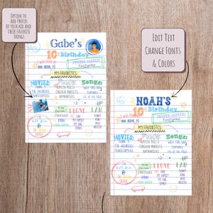 May include: Two colorful printable birthday posters for a 10th birthday. The posters feature a boy's name, age, favorite things, and a photo of the boy. The posters are designed to look like notebook paper with colorful lines and doodles.