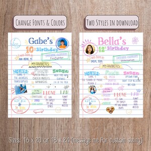 May include: Two printable birthday posters with a notebook paper background. The posters feature a boy and a girl with their favorite things, including movies, foods, and songs. The posters are available in two sizes: 16 x 20 inches or 18 x 24 inches.