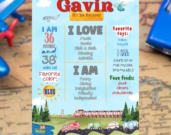 Editable Transportation Birthday Milestone Board | Plane, Train & Car Party Sign | Digital Canva Template