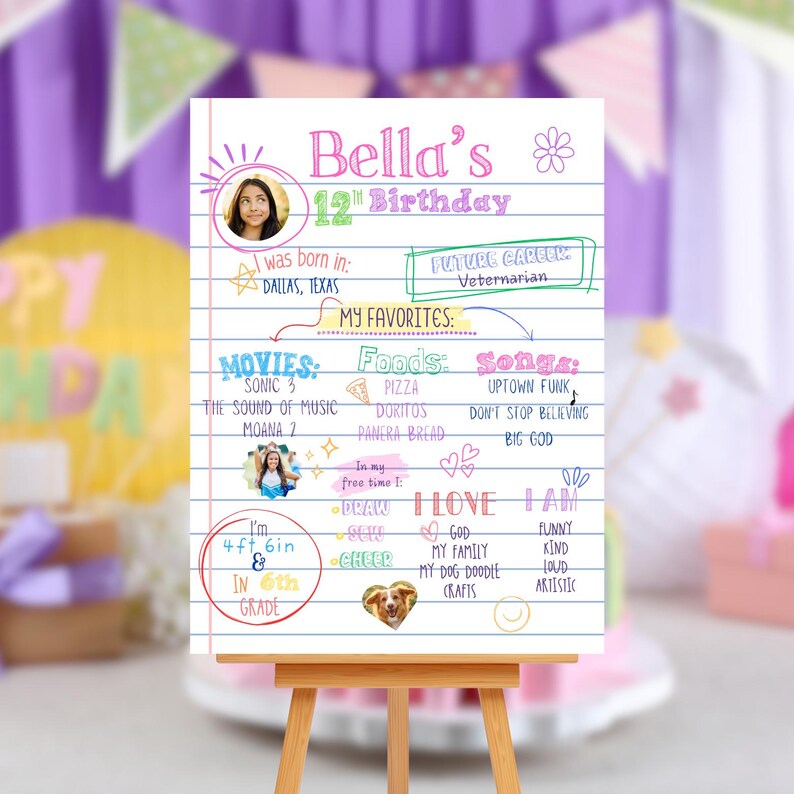 May include: A colorful birthday poster with a photo of a girl and text that says "Bella's 12th Birthday". The poster includes information about the girl's favorite movies, foods, songs, and hobbies. It also includes her height and grade.