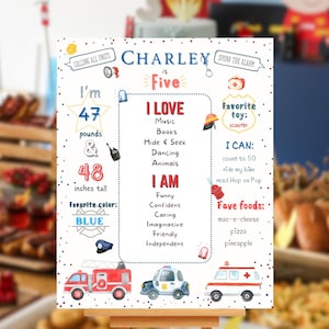 Emergency Vehicles Birthday Sign: Customizable First Responders Theme (Canva Template)