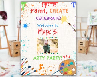 Kids Paint Party Welcome Sign Art Painting Birthday Printable Editable Canva Painting Theme Party Sign