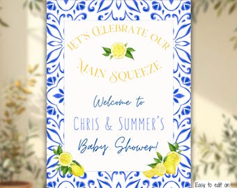 Lemon Baby Shower Welcome Sign Mediterranean Amalfi Printable Blue Tile Editable Main Squeeze Canva Template