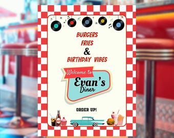 Retro Diner Birthday Milestone Board: 50s Theme, Editable Canva Template Digital Download