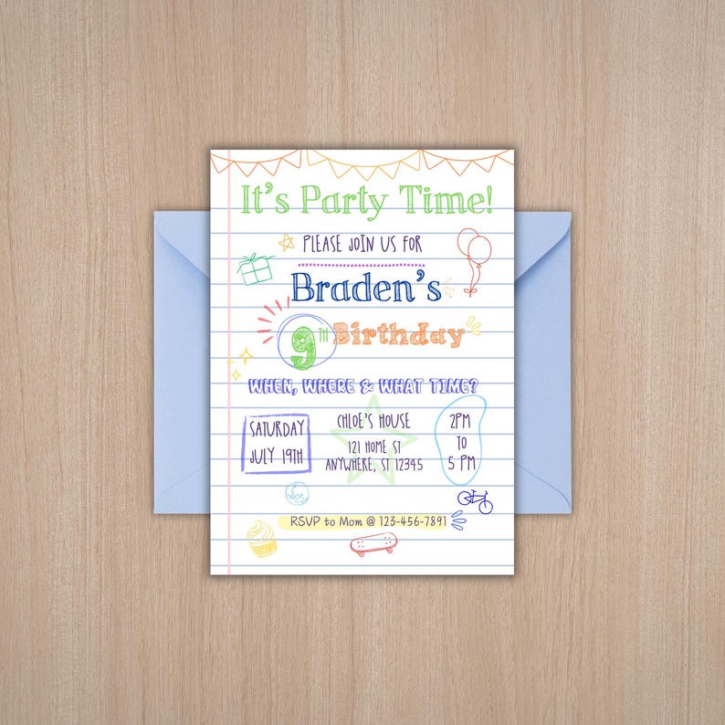 Kids Doodle Birthday Invitation Editable Canva Template Notebook Style ...
