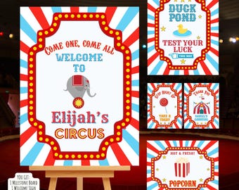 Circus Carnival Party Sign Set Welcome Sign Milestone Board Food Signs Activity Game Sign Goody Bag Labels Printable Editable Canva Template