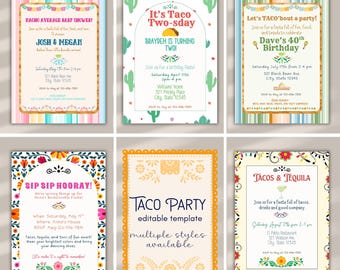 Invito Fiesta Taco Bout a Party Taco Twosday Nacho Medio Stampabile Modificabile Canva Qualsiasi Età
