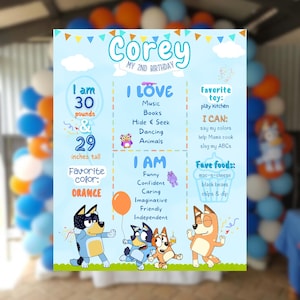 Poster éditable anniversaire Bluey Milestone | 1er 2e 3e 4e 5e anniversaire de naissance | Décoration modifiable et imprimable | Signe d'anniversaire