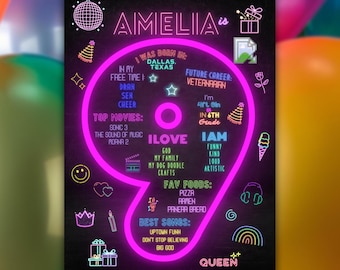 Glow Party Birthday Sign Printable Neon Fun Facts Poster About Me Profile Blacklight Milestone Board Teen Tween Editable Canva Template