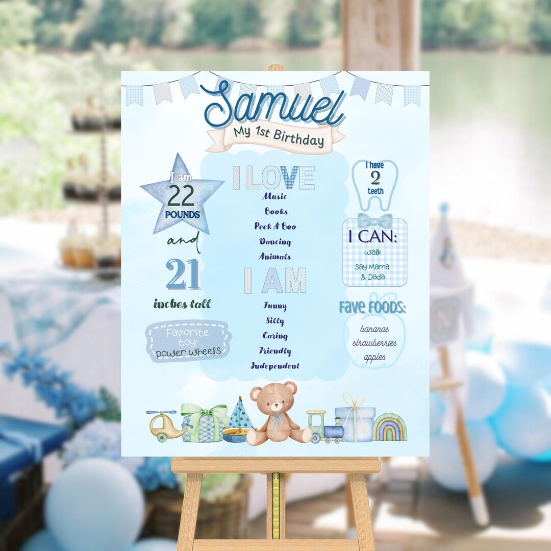 First Birthday Sign Beary First Birthday Milestone Poster Board Blue ...