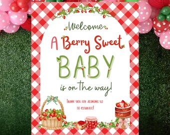 Berry Sweet Baby Shower Welcome Sign Mommy to Be Board Pink Red Blue Printable Editable Canva Template