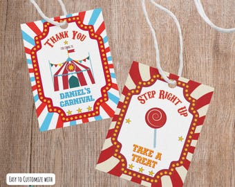 May include: Two carnival-themed gift tags with white string. One tag says "Thank You" and "Daniel's Carnival" with a circus tent graphic. The other says "Step Right Up" and "Take a Treat" with a lollipop graphic. Red, white, and blue colors.