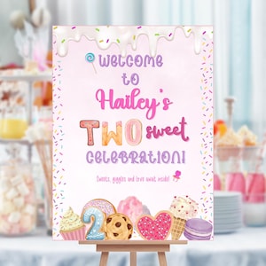 Two Sweet Birthday Sign & Milestone Board Editable Canva Template | 2nd Birthday Party Decor | Girl Second Birthday Printable Poster