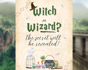 Witch or Wizard Gender Reveal Editable Welcome Sign Magical Baby Shower Printable Party Sign Canva Template