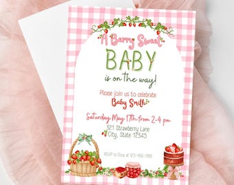 Strawberry Baby Shower Invitation Template, Editable Pink Baby Shower Invite, Berry Sweet Invitation, Printable Invite, Digital Download