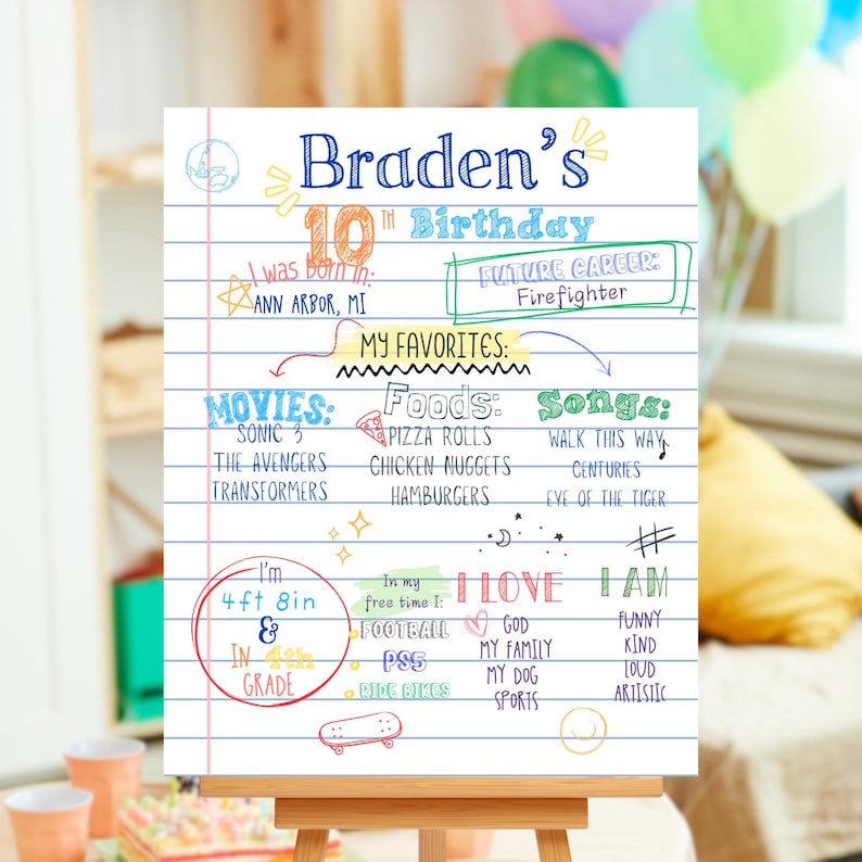 May include: A colorful birthday poster with the name Braden and the number 10. The poster is decorated with drawings of stars, hearts, and other fun designs. It includes information about Braden's favorite things, such as movies, foods, and songs.