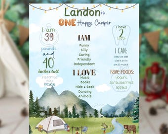 Op de afbeelding: Een blauwe en groene geïllustreerde poster met een kampeerthema. De poster zegt "Landon is ONE Happy Camper". Het bevat details over de leeftijd, het gewicht, de lengte, de favoriete dingen en de vaardigheden van het kind.