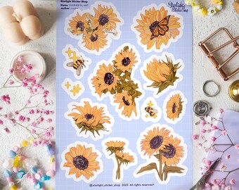Sunflower Stickers sheet - Vintage Floral Stickers for Journals and Scrapbooking | Sheet with Bees and Butterflies