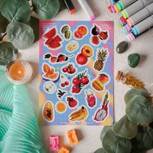 Feuille d'autocollants fruités - Autocollants esthétiques fruits éclatants | Stickers fruits tropicaux et fruits juteux pour carnets et bricolage